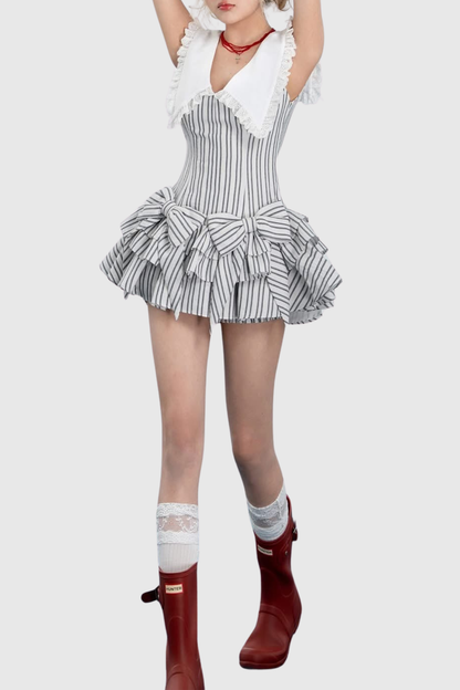 Nalaya Bow Stripe Puffy Mini Dress - Black