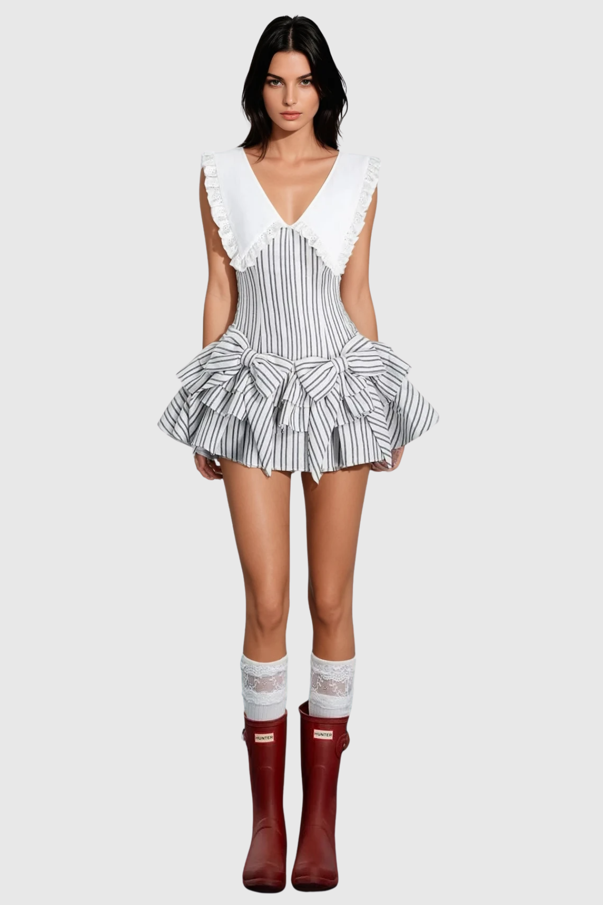 Nalaya Bow Stripe Puffy Mini Dress - Black