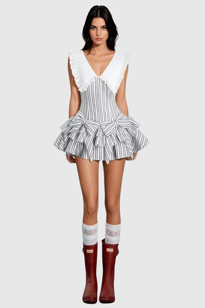 Nalaya Bow Stripe Puffy Mini Dress - Black
