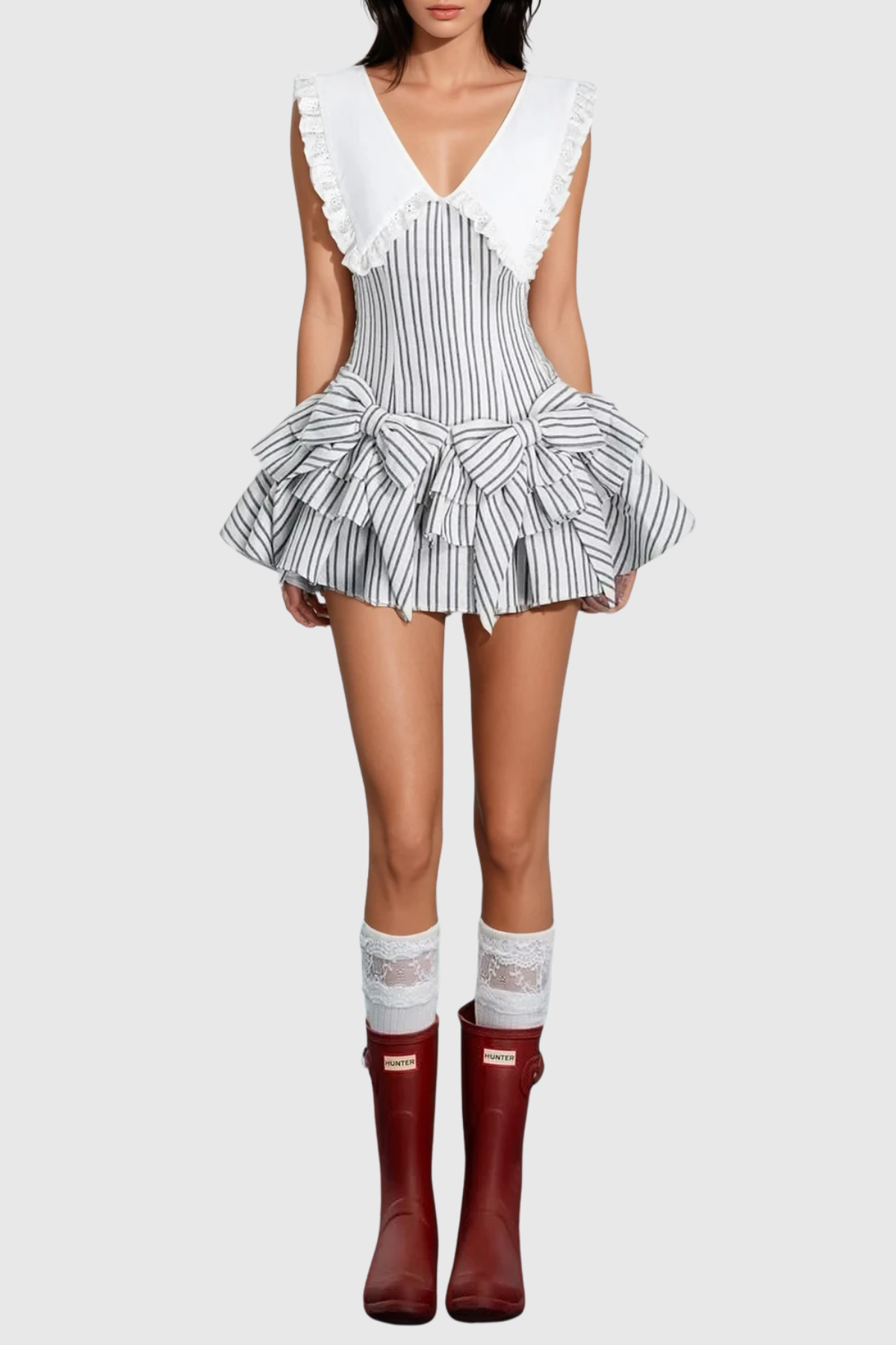 Nalaya Bow Stripe Puffy Mini Dress - Black