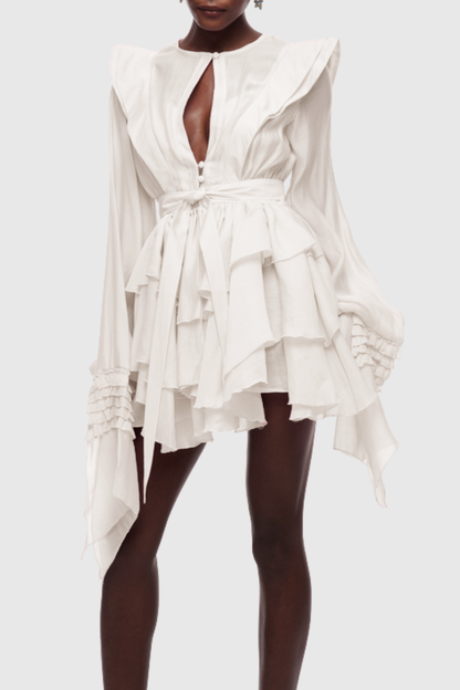 Nalena Ruffle Cutout Mini Dress - Beige