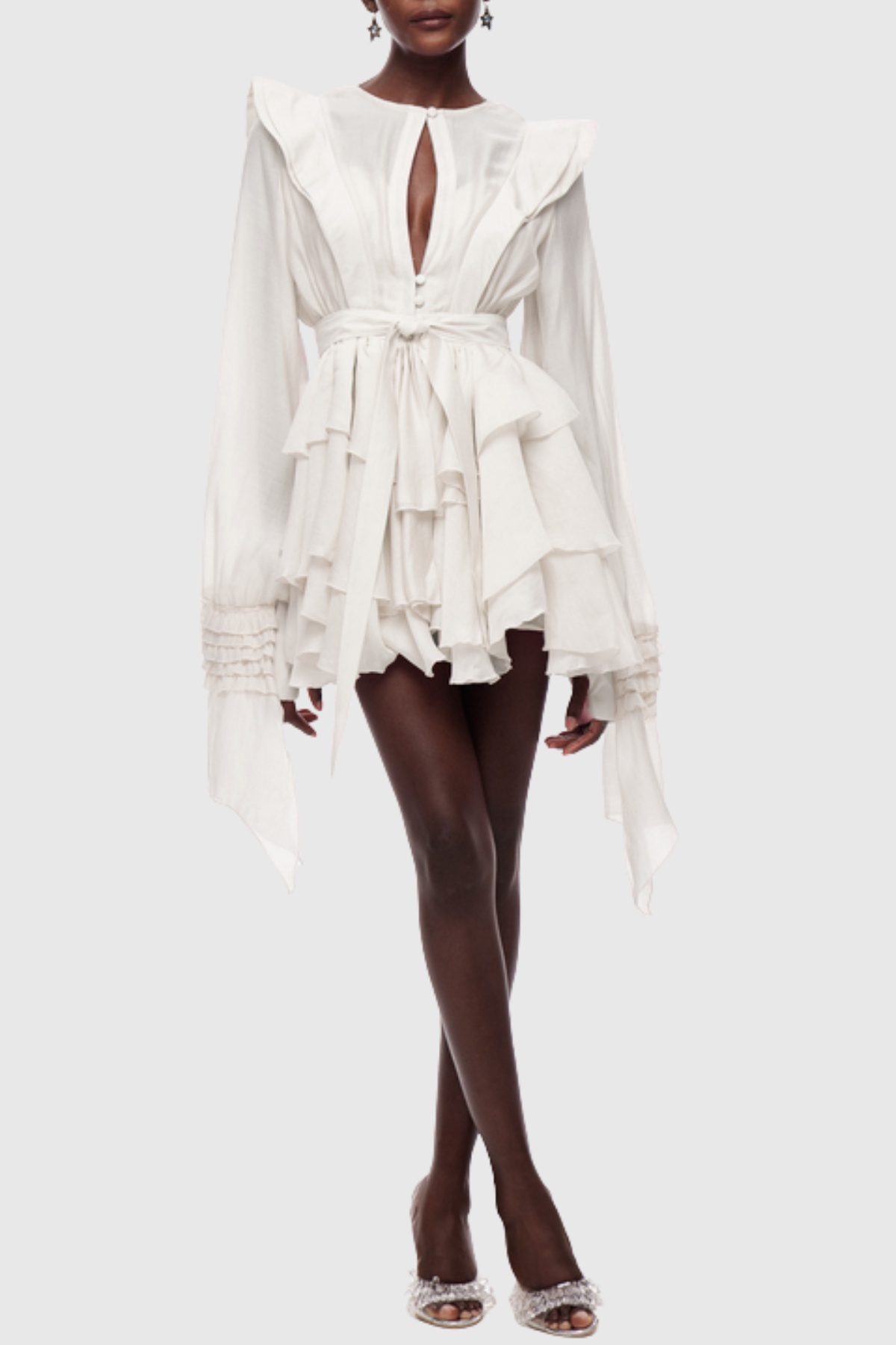 Nalena Ruffle Cutout Mini Dress - Beige