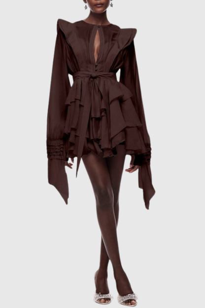 Nalena Ruffle Cutout Mini Dress - Brown