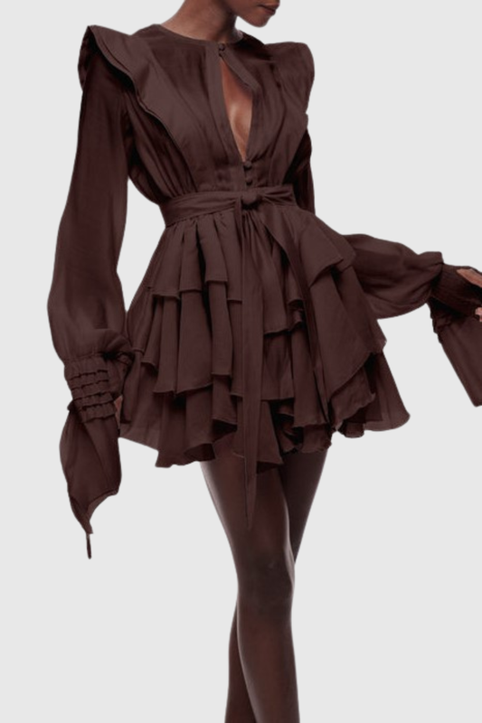 Nalena Ruffle Cutout Mini Dress - Brown