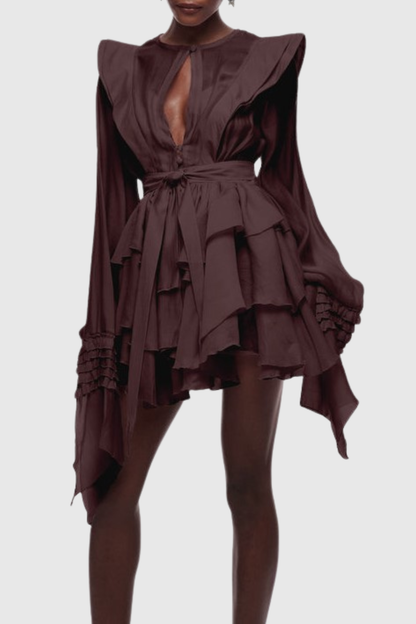 Nalena Ruffle Cutout Mini Dress - Brown