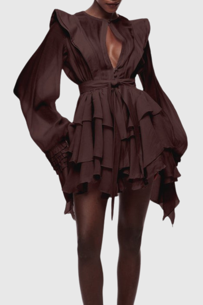 Nalena Ruffle Cutout Mini Dress - Brown