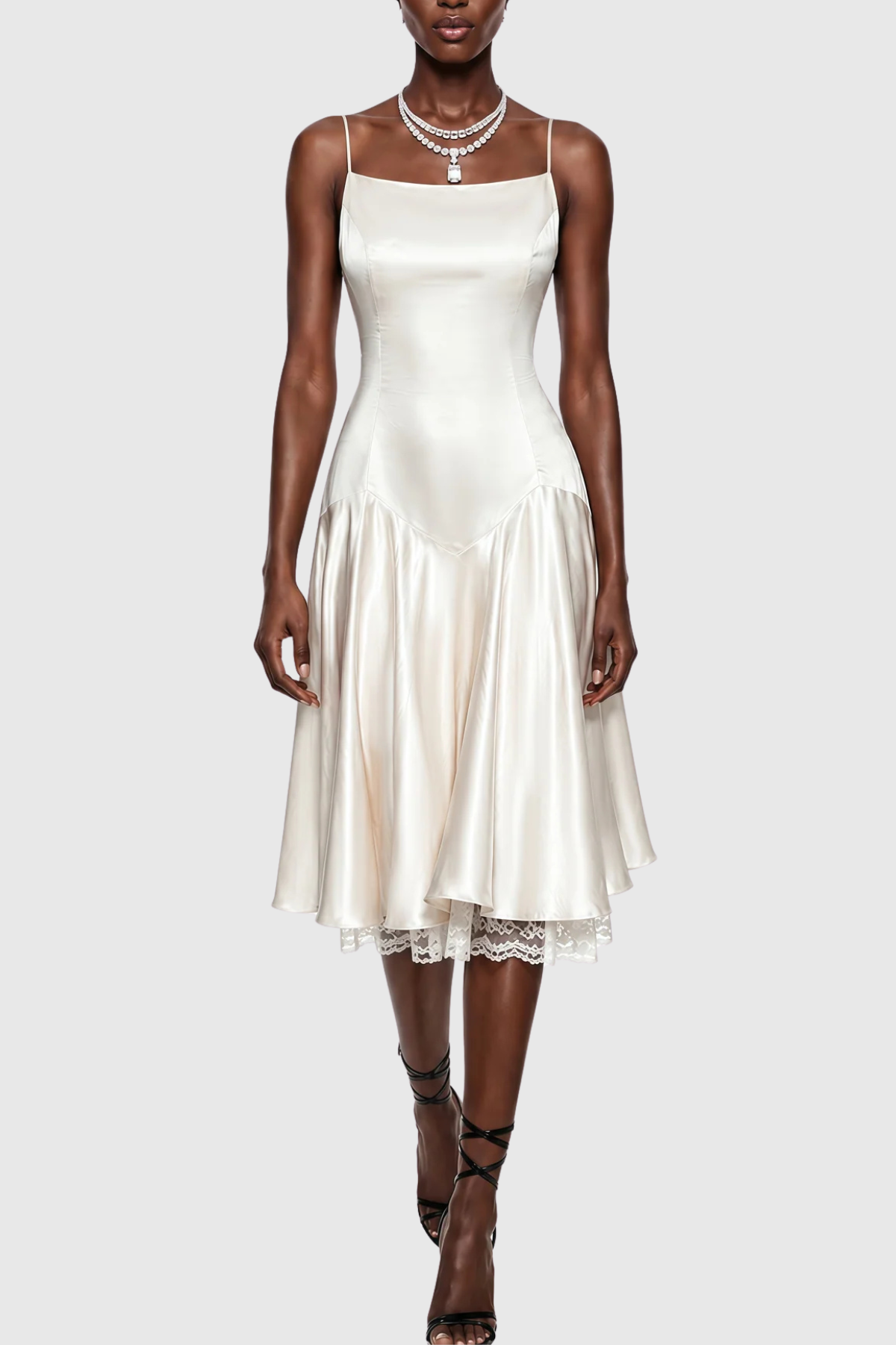 Nallas Sleeveless Satin Lace Midi Dress
