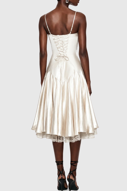 Nallas Sleeveless Satin Lace Midi Dress