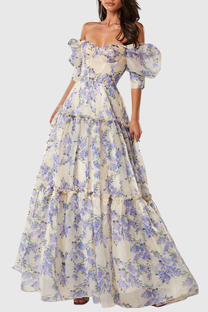 Nana off Shoulder Floral Print Maxi Dress - Purple