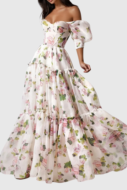 Nana off Shoulder Floral Print Maxi Dress - White