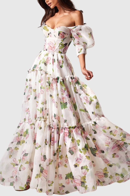 Nana off Shoulder Floral Print Maxi Dress - White