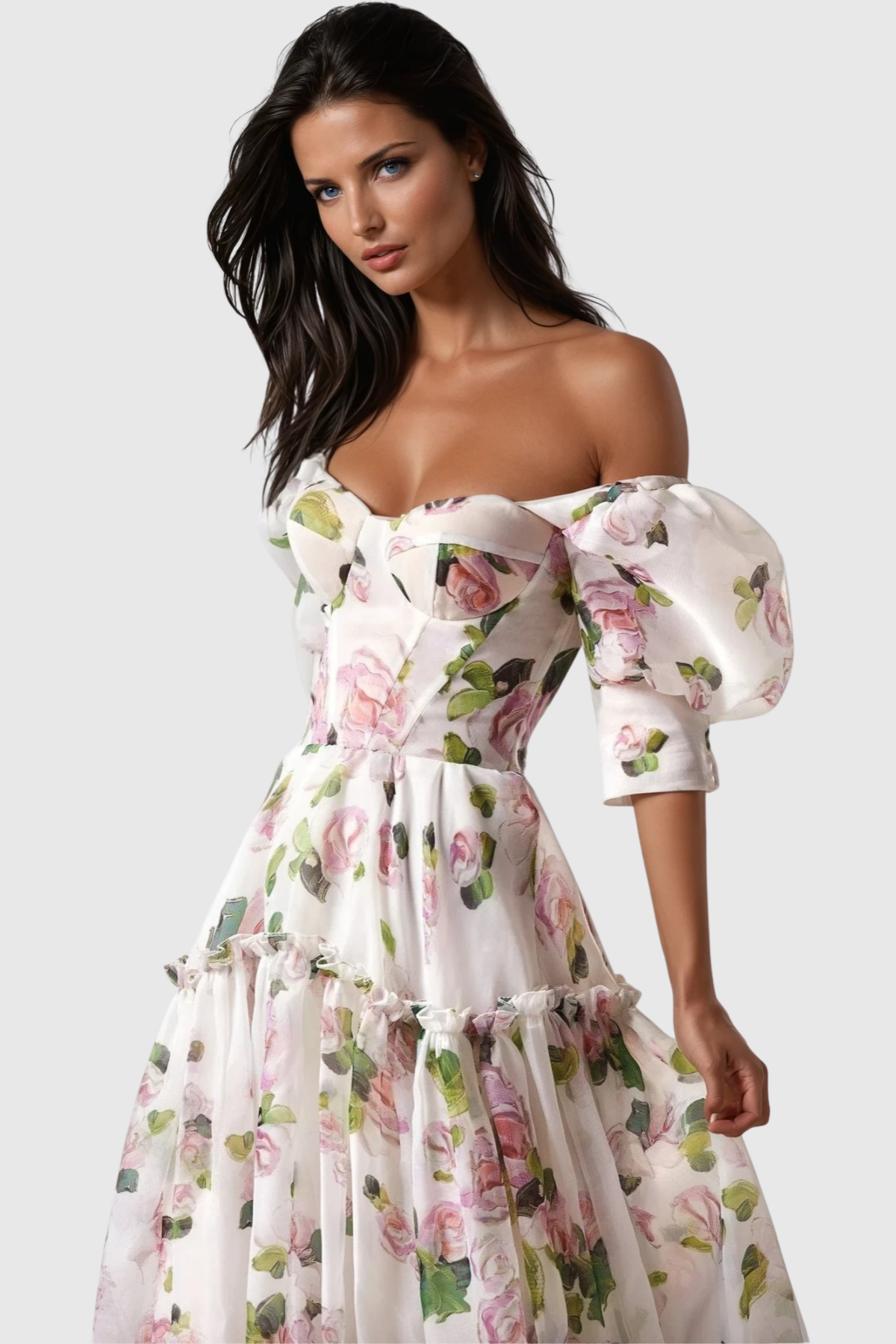 Nana off Shoulder Floral Print Maxi Dress - White