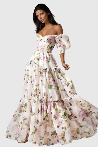 Nana off Shoulder Floral Print Maxi Dress - White