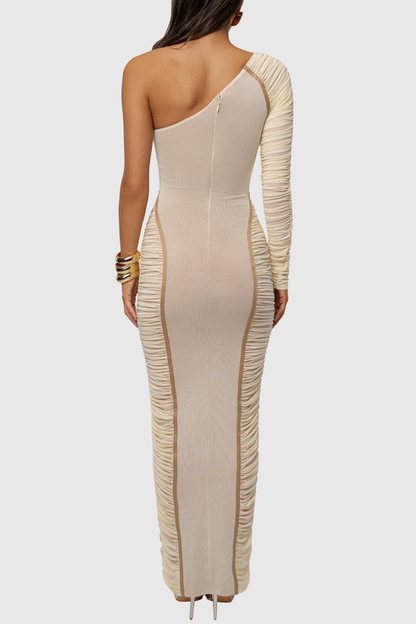 Naneta One Shoulder Ruched Maxi Dress - Beige