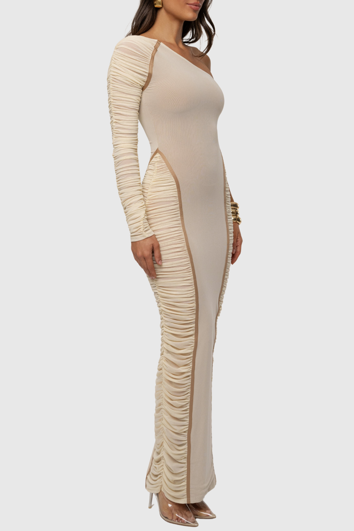 Naneta One Shoulder Ruched Maxi Dress - Beige