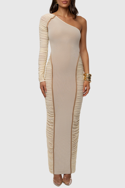 Naneta One Shoulder Ruched Maxi Dress - Beige