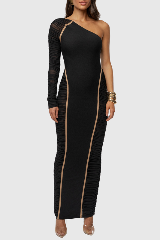 Naneta One Shoulder Ruched Maxi Dress - Black