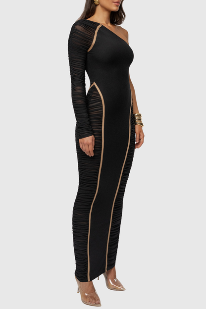 Naneta One Shoulder Ruched Maxi Dress - Black