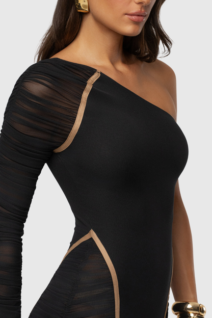Naneta One Shoulder Ruched Maxi Dress - Black