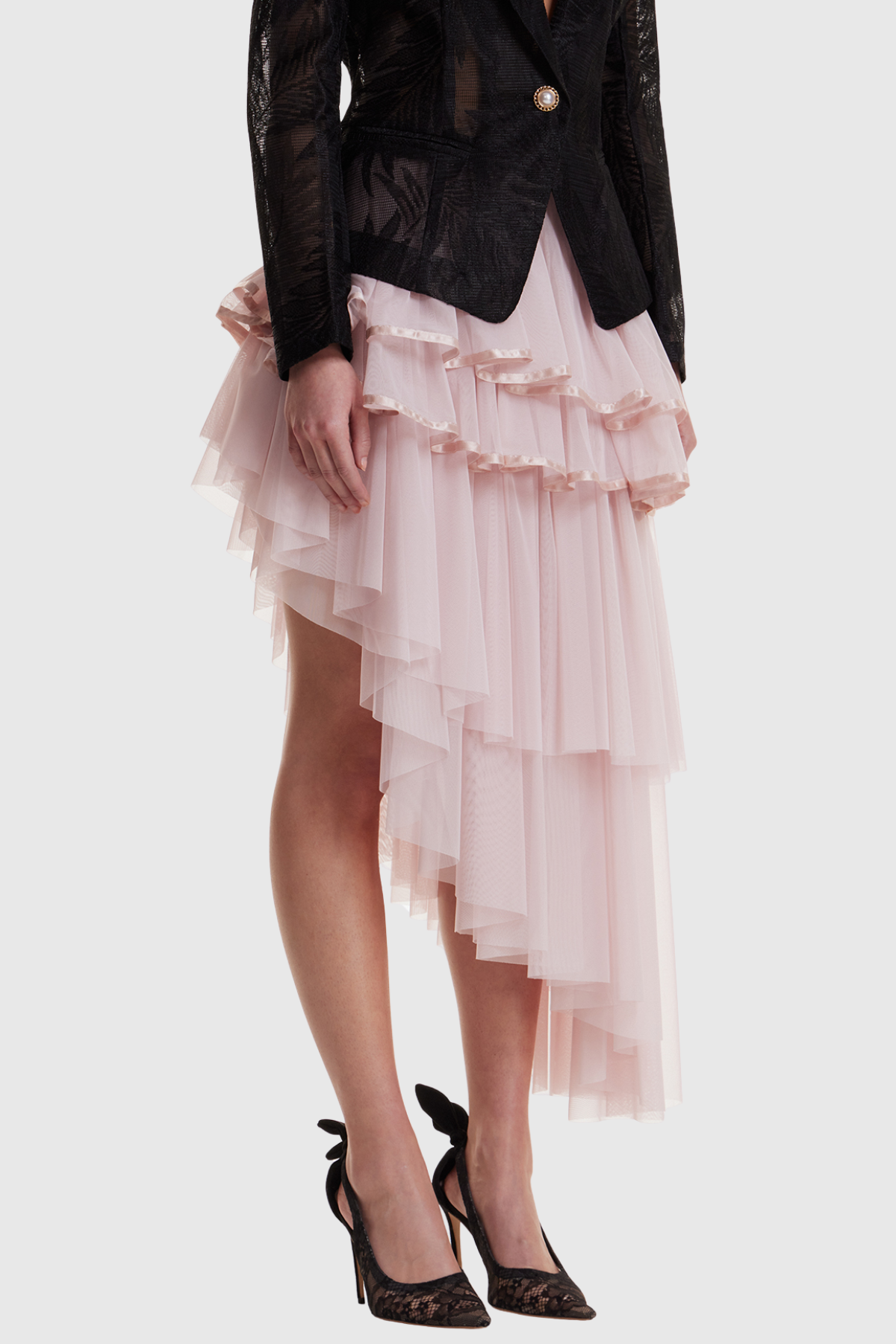 Nanio Asymmetric Mesh Tiered Maxi Skirt