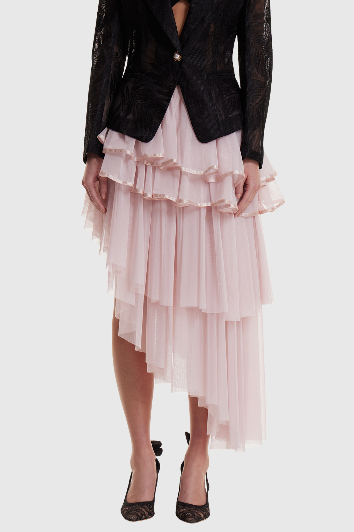 Nanio Asymmetric Mesh Tiered Maxi Skirt