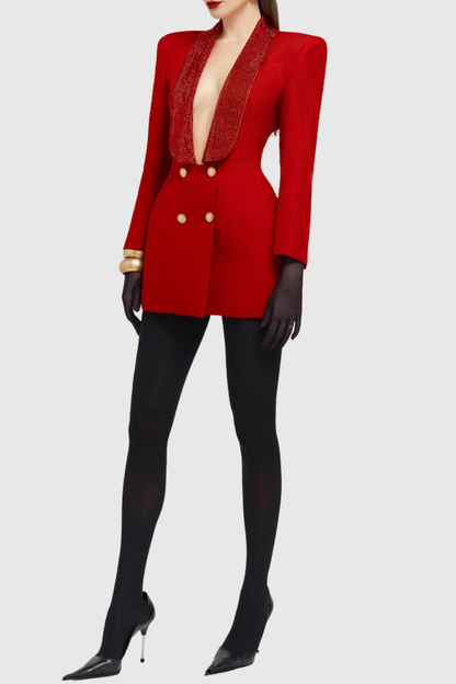 Naoka Crsytal Double Breasted Mini Blazer Dress - Red
