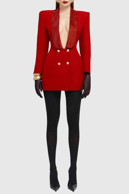 Naoka Crsytal Double Breasted Mini Blazer Dress - Red