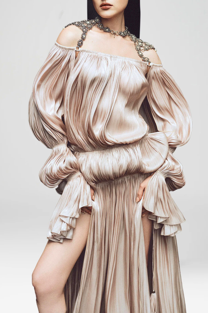 Nardeli Chain Embellished Bubble Pleated Maxi Dress