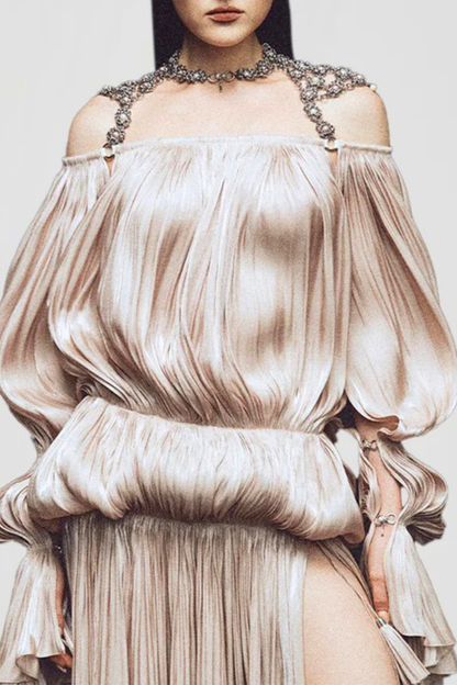 Nardeli Chain Embellished Bubble Pleated Maxi Dress