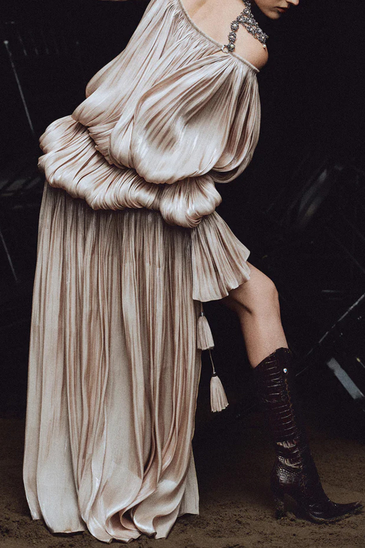 Nardeli Chain Embellished Bubble Pleated Maxi Dress