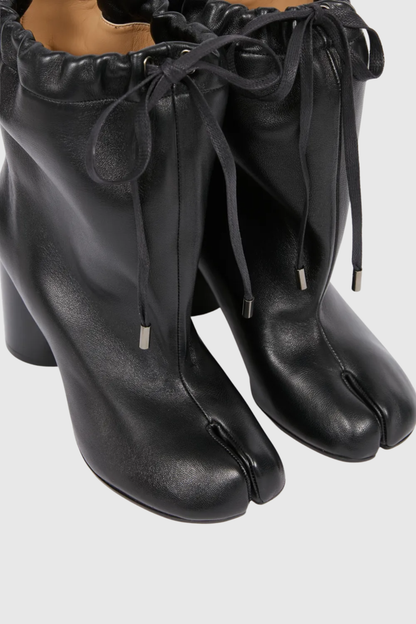 Nasima Drawstring Leather Ankle Boots - Black