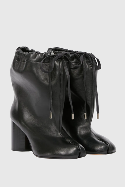 Nasima Drawstring Leather Ankle Boots - Black