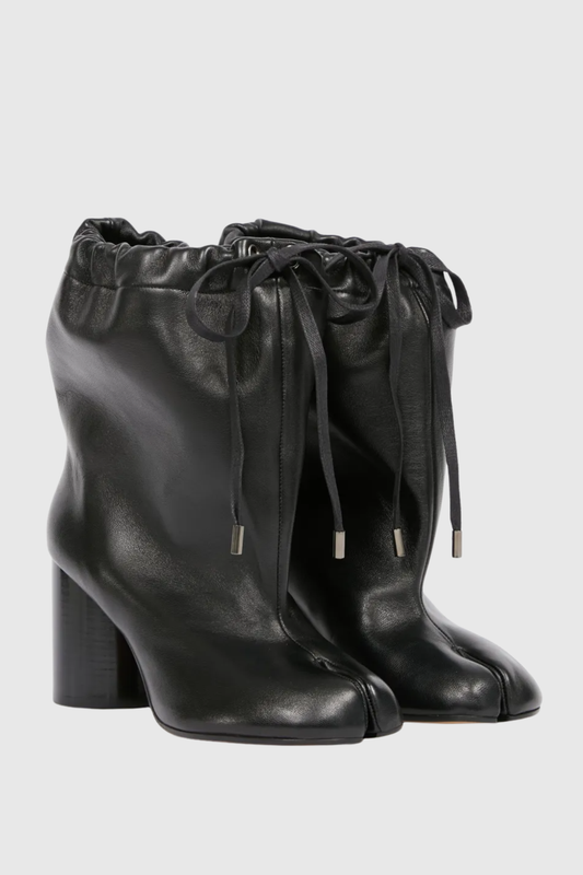 Nasima Drawstring Leather Ankle Boots - Black