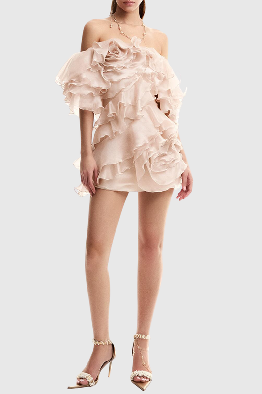 Nason Off Shoulder Ruffle Mini Dress - Beige