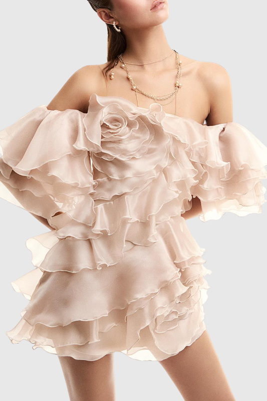 Nason Off Shoulder Ruffle Mini Dress - Beige