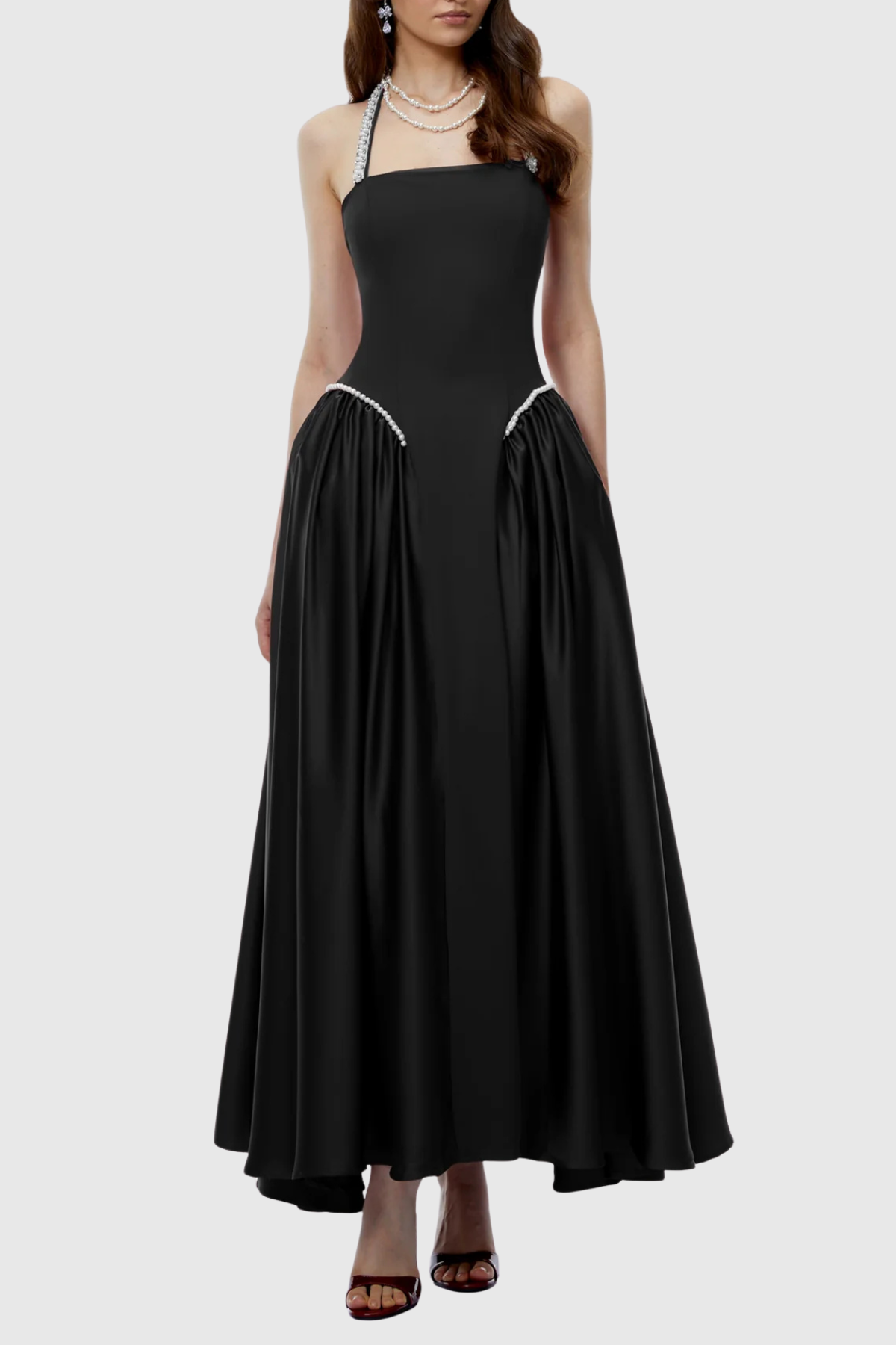 Natalia Pearl Trim Halter Maxi Dress - Black