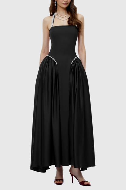 Natalia Pearl Trim Halter Maxi Dress - Black