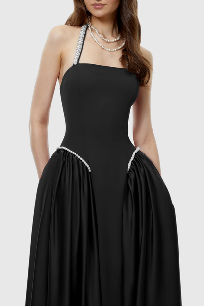 Natalia Pearl Trim Halter Maxi Dress - Black