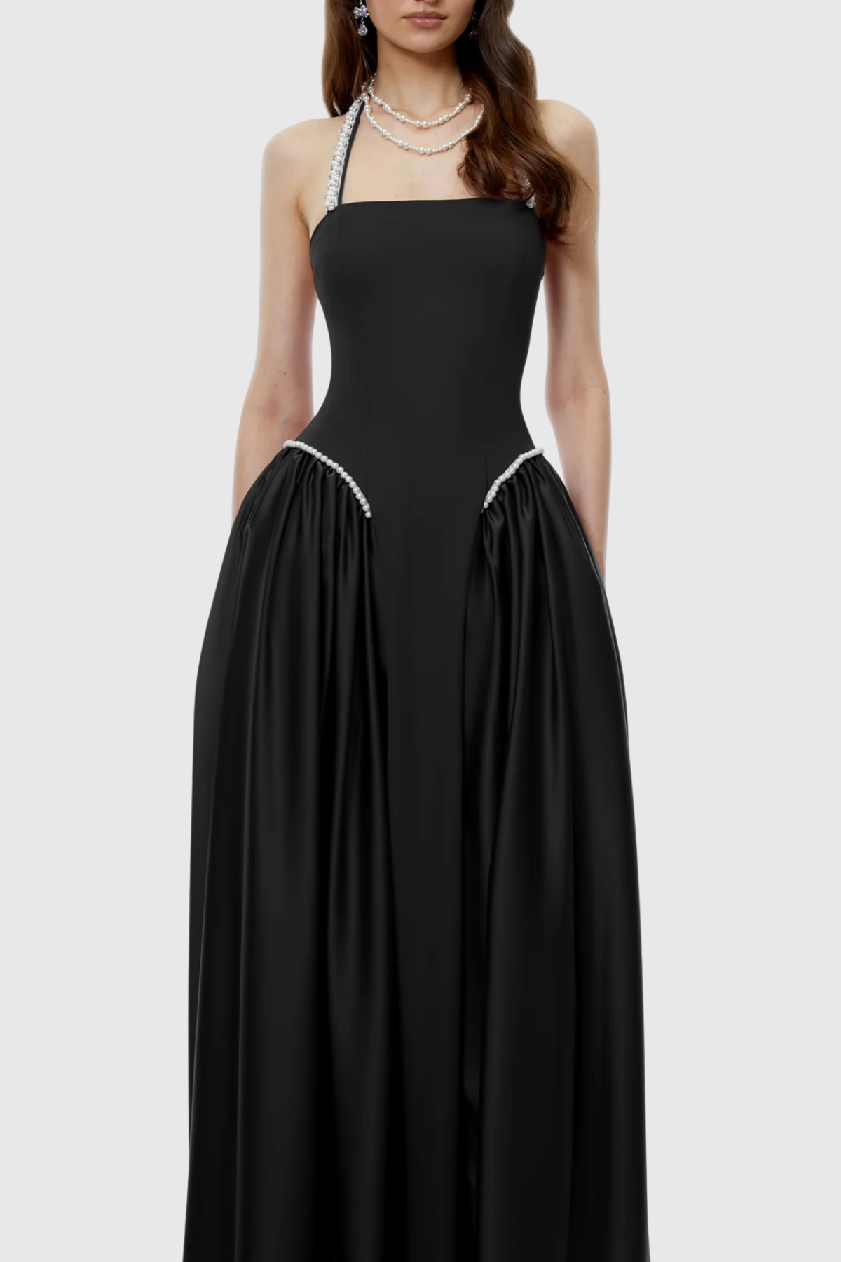 Natalia Pearl Trim Halter Maxi Dress - Black
