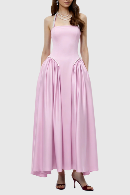 Natalia Pearl Trim Halter Maxi Dress - Pink