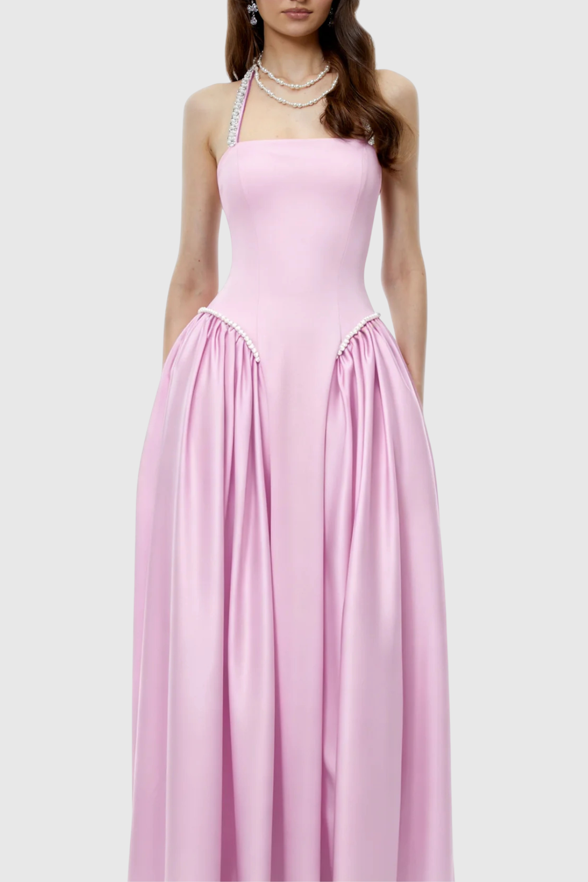 Natalia Pearl Trim Halter Maxi Dress - Pink