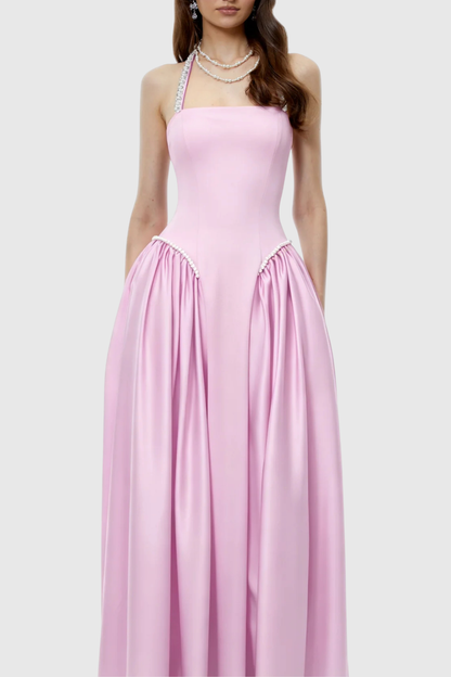 Natalia Pearl Trim Halter Maxi Dress - Pink