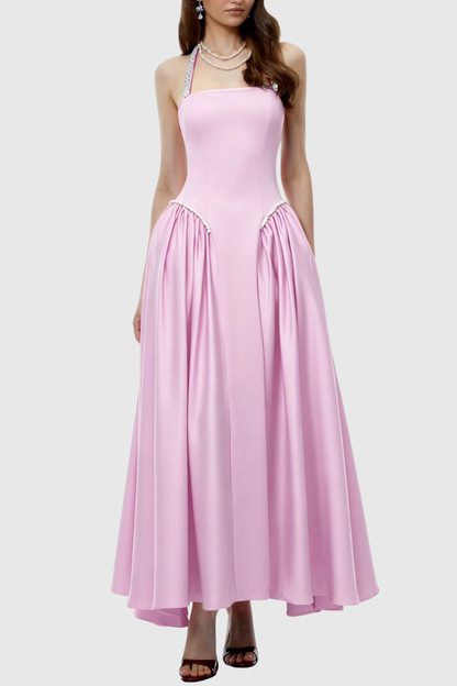 Natalia Pearl Trim Halter Maxi Dress - Pink