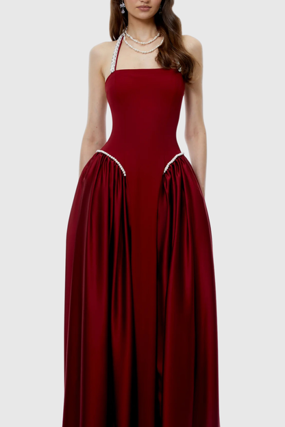 Natalia Pearl Trim Halter Maxi Dress - Wine