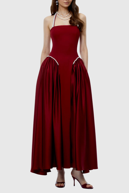 Natalia Pearl Trim Halter Maxi Dress - Wine