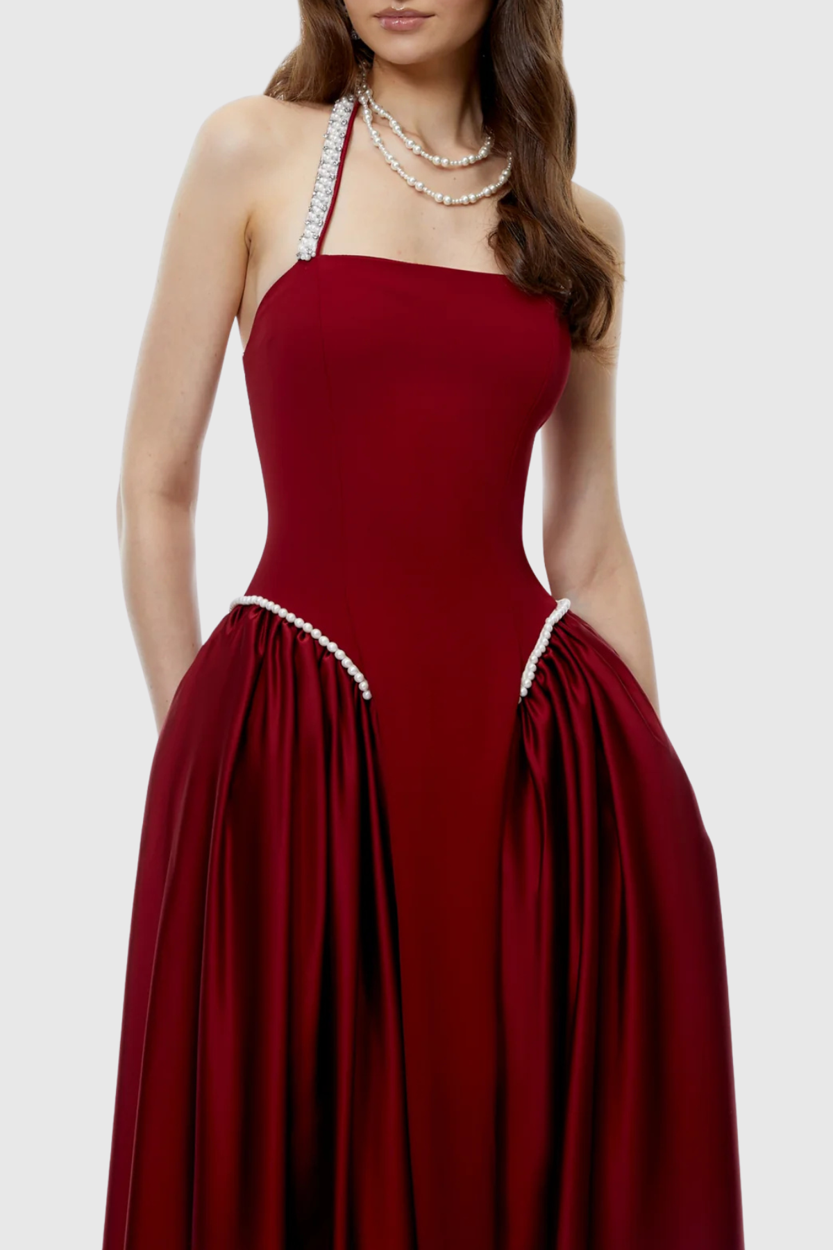 Natalia Pearl Trim Halter Maxi Dress - Wine