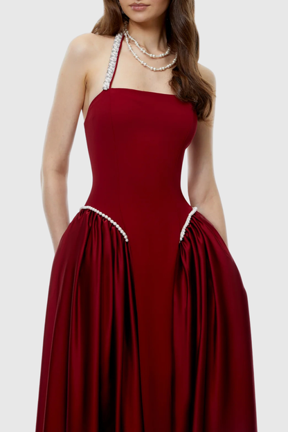 Natalia Pearl Trim Halter Maxi Dress - Wine