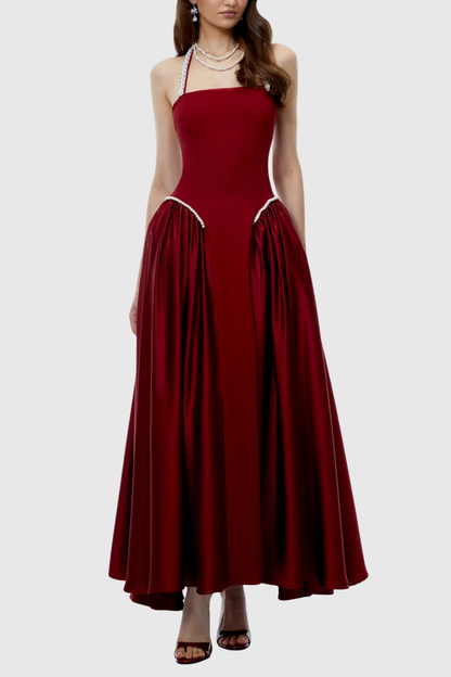 Natalia Pearl Trim Halter Maxi Dress - Wine