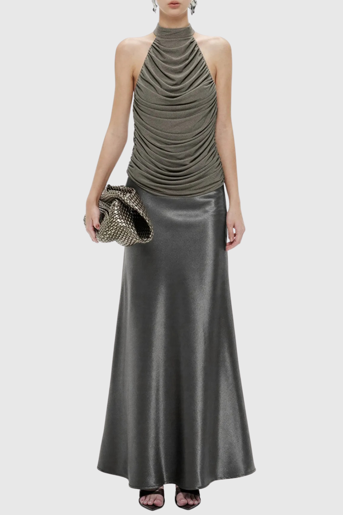 Nataly Sleeveless Ruched Satin Maxi Dress