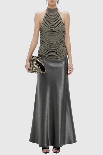Nataly Sleeveless Ruched Satin Maxi Dress